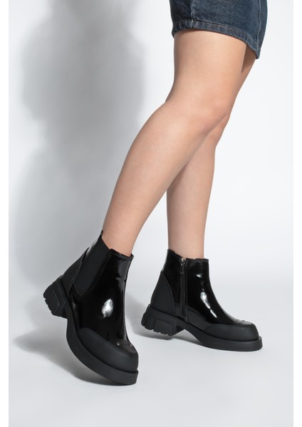 Kadın Lastikli Fermuarlı Kalın Topuklu Postal Bot Pevara Siyah Rugan fırsatları