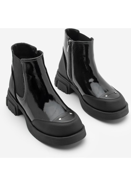 Kadın Lastikli Fermuarlı Kalın Topuklu Postal Bot Pevara Siyah Rugan indirimleri