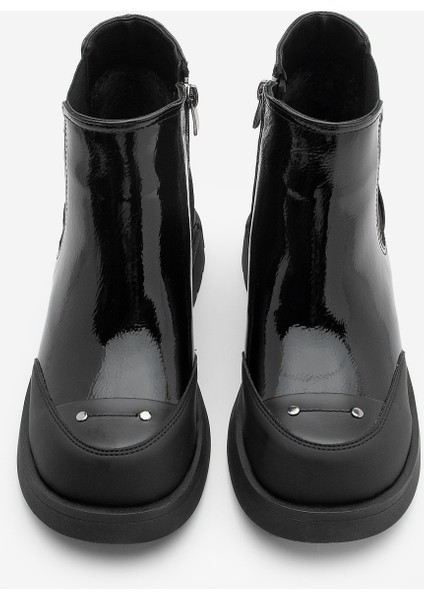 Kadın Lastikli Fermuarlı Kalın Topuklu Postal Bot Pevara Siyah Rugan