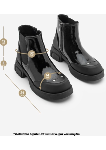 Kadın Lastikli Fermuarlı Kalın Topuklu Postal Bot Pevara Siyah Rugan