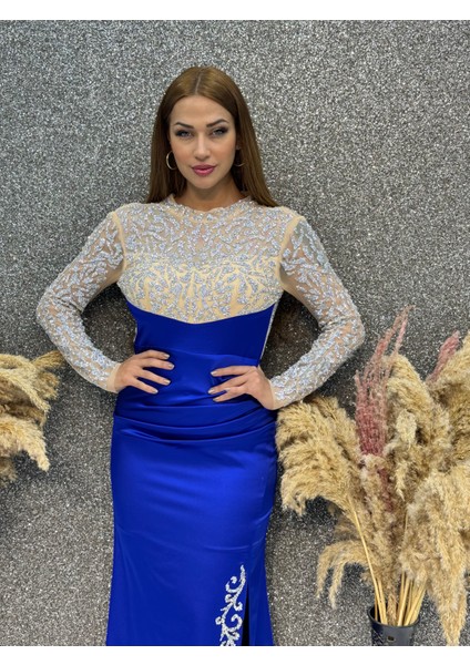 Uzun Kollu Taş Baskılı Yırtmaçlı Saten Abiye fiyatları