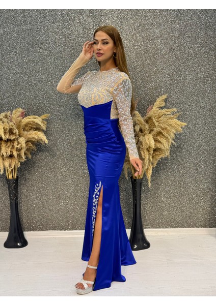 Uzun Kollu Taş Baskılı Yırtmaçlı Saten Abiye modelleri