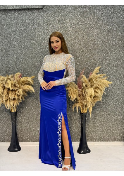 Uzun Kollu Taş Baskılı Yırtmaçlı Saten Abiye indirimleri