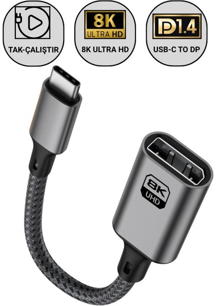 Type C To Displayport Adaptör Dönüştürücü Çevirici 8k UHD 60Hz Type C To Dp Dönüştürücü