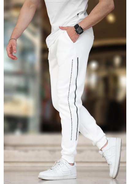 Ekru Erkek Paçası Lastikli Yandan Şeritli Baskılı Eşofman Altı 6551 modelleri