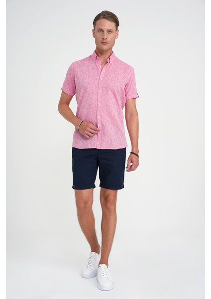 Comfort Fit Düğme Yaka Kısa Kol %100 Keten Düz Mercan Gömlek G 1596