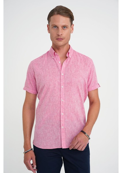Comfort Fit Düğme Yaka Kısa Kol %100 Keten Düz Mercan Gömlek G 1596 fiyatları