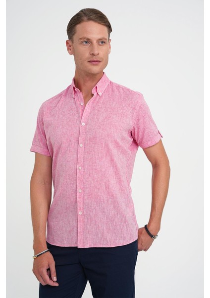 Comfort Fit Düğme Yaka Kısa Kol %100 Keten Düz Mercan Gömlek G 1596 modelleri