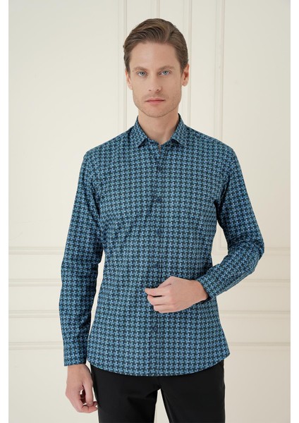 Slim Fit Kazayağı Desenli %100 Pamuk Casuel Mavi Gömlek G 1585 fiyatları
