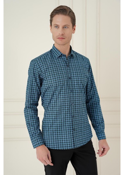Slim Fit Kazayağı Desenli %100 Pamuk Casuel Mavi Gömlek G 1585 modelleri