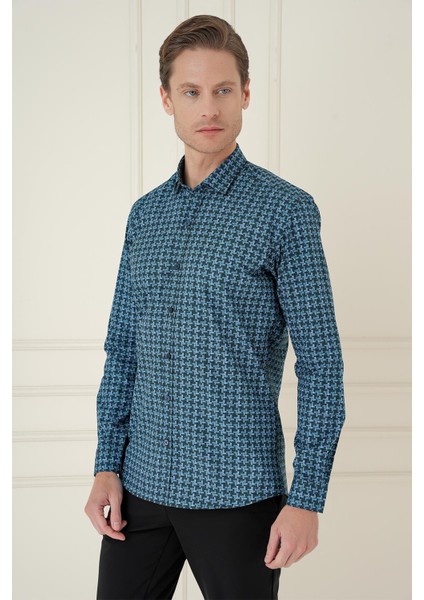 Slim Fit Kazayağı Desenli %100 Pamuk Casuel Mavi Gömlek G 1585 fırsatları