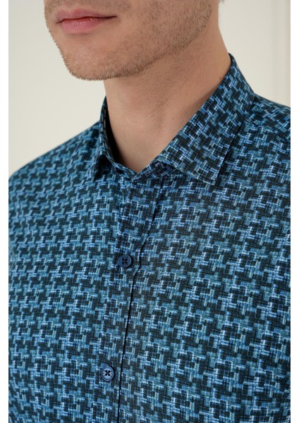 Slim Fit Kazayağı Desenli %100 Pamuk Casuel Mavi Gömlek G 1585 indirimleri