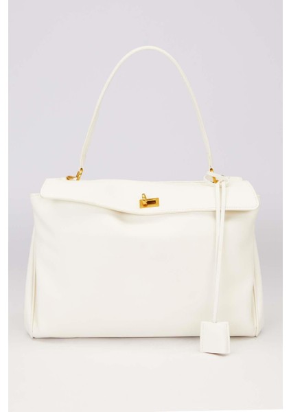 Beyaz Gold Kilit Detaylı El Çantası