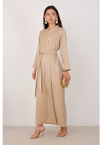Sedefli Abaya Koyu Bej