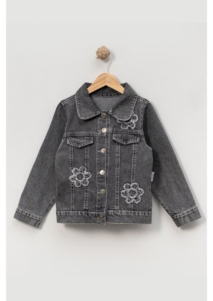 Çiçek Detaylı Kız Çocuk Kot Ceket