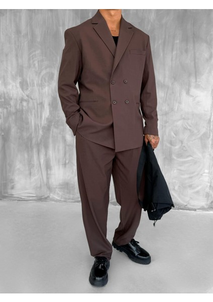 Erkek Oversize Rahat Kalıp Kruvaze Takım Elbise Kahve fiyatları