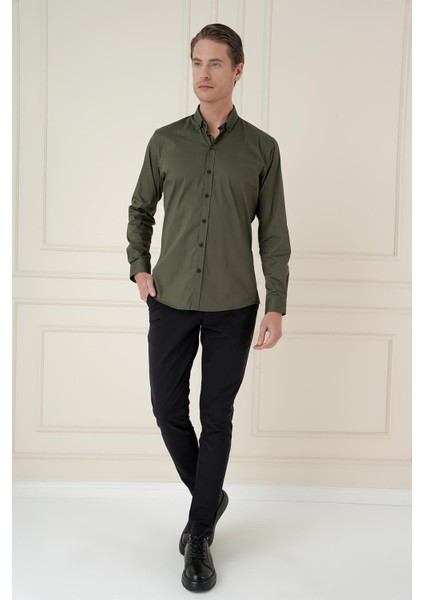 Slim Fit Düğmeli Yaka Esnek Klasik Haki Gömlek Gk 746