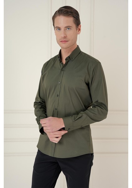 Slim Fit Düğmeli Yaka Esnek Klasik Haki Gömlek Gk 746 fiyatları