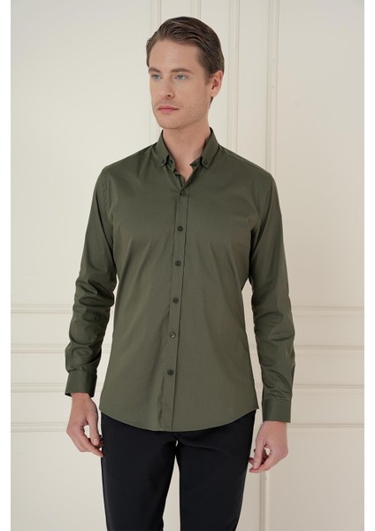 Slim Fit Düğmeli Yaka Esnek Klasik Haki Gömlek Gk 746 modelleri
