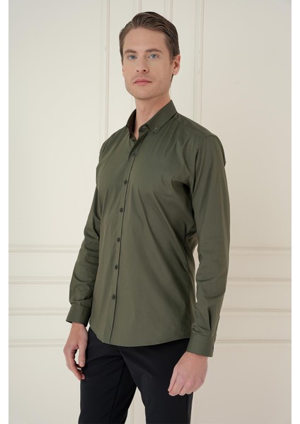 Slim Fit Düğmeli Yaka Esnek Klasik Haki Gömlek Gk 746 fırsatları