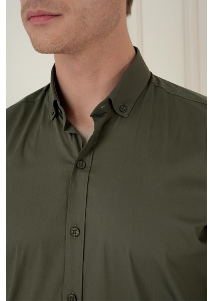 Slim Fit Düğmeli Yaka Esnek Klasik Haki Gömlek Gk 746 indirimleri