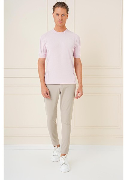 Slim Fit Bisiklet Yaka Kısa Kol Pembe Triko Tr 869