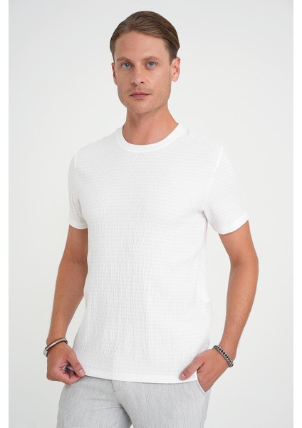 Comfort Fit Bisiklet Yaka Gofre Kısa Kol Ekru Tişört Ts 911 modelleri