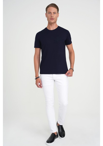 Comfort Fit Bisiklet Yaka Nakışlı Kısa Kol Lacivert Pamuk Tişört Ts 910