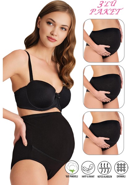 Özkan 23582 3'lü Paket Kadın Siyah Renk Pamuklu Likralı Süprem Hamile Lohusa Yüksek Bel Bato Külot