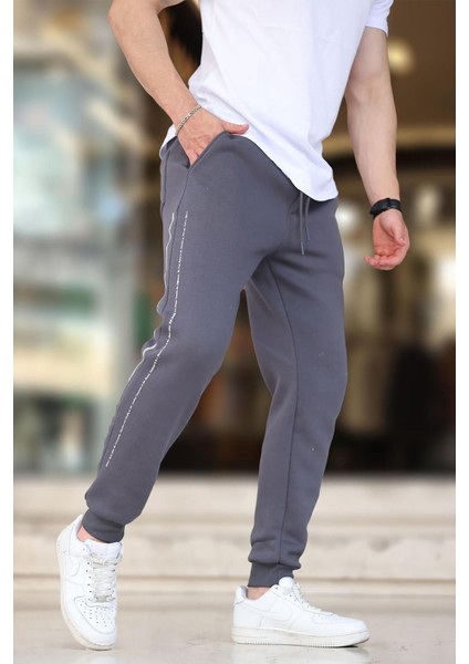 Füme Erkek Paçası Lastikli Yandan Şeritli Baskılı Eşofman Altı 6551