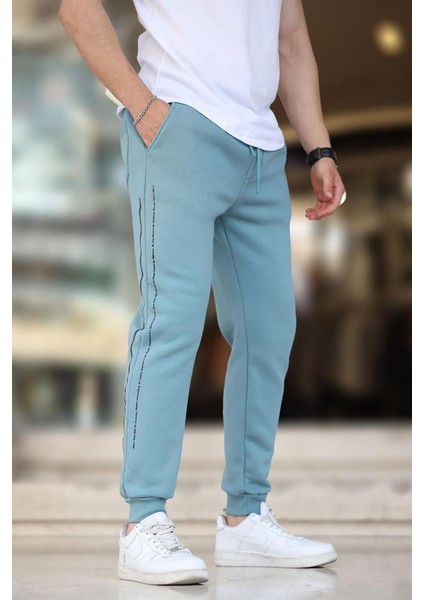 Mavi Erkek Paçası Lastikli Yandan Şeritli Baskılı Eşofman Altı 6551