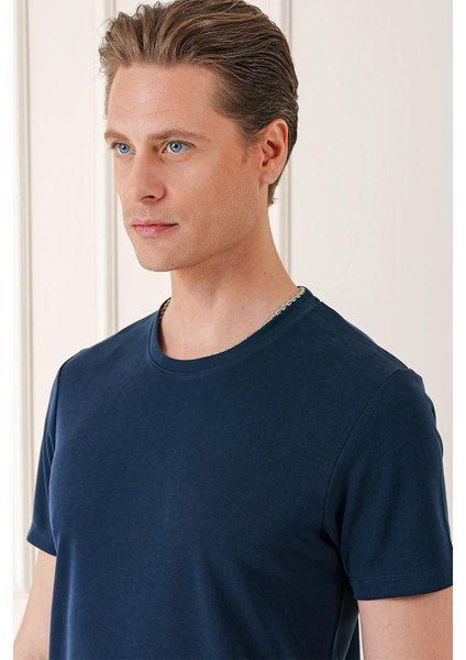Slim Fit Bisiklet Yaka Pamuklu Lacivert Tişört Ts 880 fırsatları
