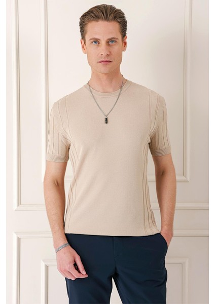 Slim Fit Bisiklet Yaka Kısa Kol Bej Triko Tr 869