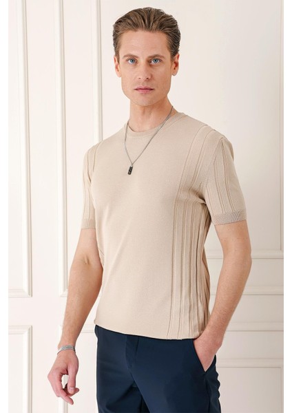 Slim Fit Bisiklet Yaka Kısa Kol Bej Triko Tr 869 fiyatları