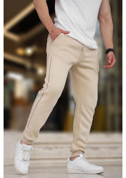 Bej Erkek Paçası Lastikli Yandan Şeritli Baskılı Eşofman Altı 6551