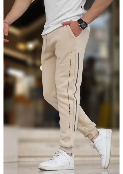 Bej Erkek Paçası Lastikli Yandan Şeritli Baskılı Eşofman Altı 6551 fiyatları