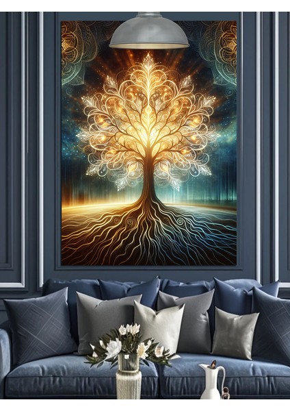 Işıldayan Hayat Ağacı Dekoratif Kanvas - Mdf Ahşap Tablo