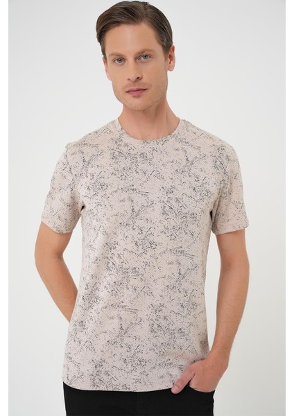Comfort Fit Bisiklet Yaka Batik Görünmlü Kısa Kol Casual Bej Tişört Ts 905 modelleri