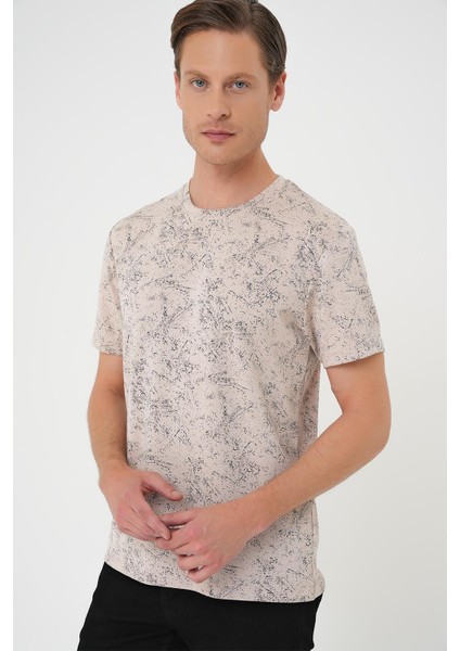 Comfort Fit Bisiklet Yaka Batik Görünmlü Kısa Kol Casual Bej Tişört Ts 905 indirimleri