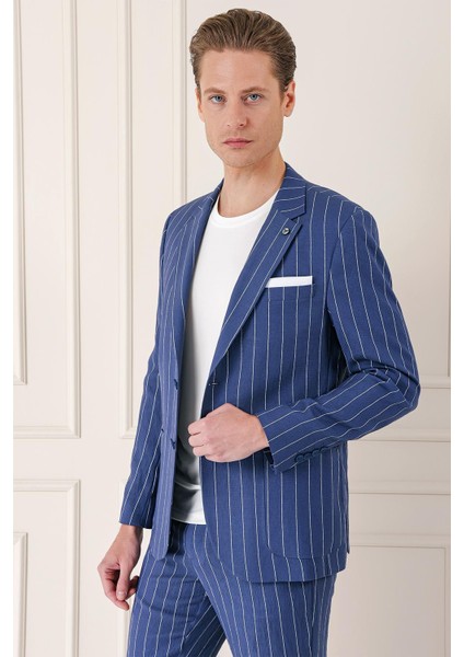 Comfort Fit Çift Yırtmaç İtalyan Çizgili Keten Casual İndigo Ceket C 671 modelleri