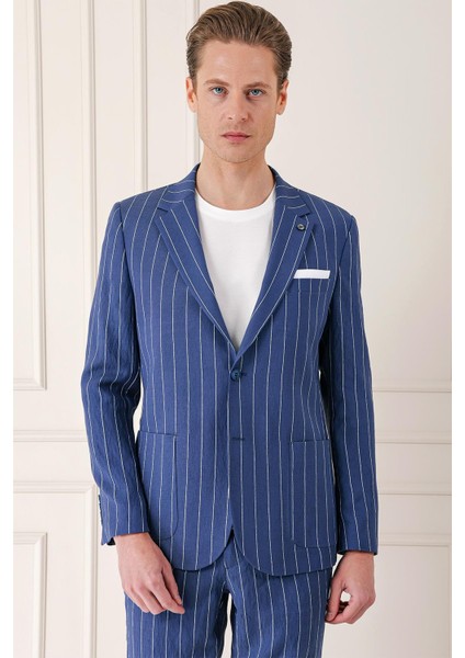 Comfort Fit Çift Yırtmaç İtalyan Çizgili Keten Casual İndigo Ceket C 671 fırsatları