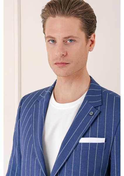 Comfort Fit Çift Yırtmaç İtalyan Çizgili Keten Casual İndigo Ceket C 671 indirimleri