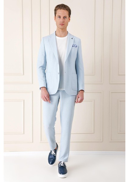 Comfort Fit Çift Yırtmaç Balıksırtı Dokuma Pamuk Casuel Mavi Ceket C 672