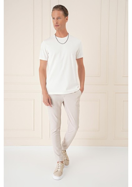 Comfort Fit Bisiklet Yaka Esnek Pamuk Casuel Ekru Tişört Ts 885