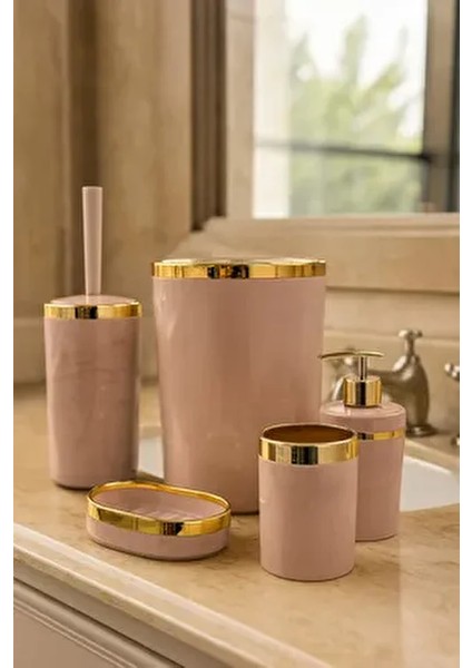 Banyo Seti 5'li,akrilik-Çöpkovası,wc Fırçalık,sıvı Sabunluk,diş Fırçalık,el Sabunluk,gold Renk Detay
