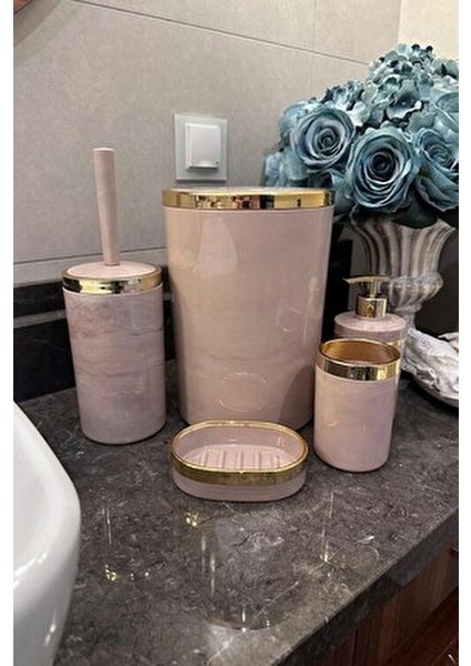 Banyo Seti 5'li,akrilik-Çöpkovası,wc Fırçalık,sıvı Sabunluk,diş Fırçalık,el Sabunluk,gold Renk Detay indirimleri