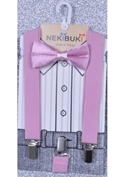 Erkek Çocuk Pembe Pantolon Askısı ve Papyon Seti Dokuma Kumaşla Şık Tasarım