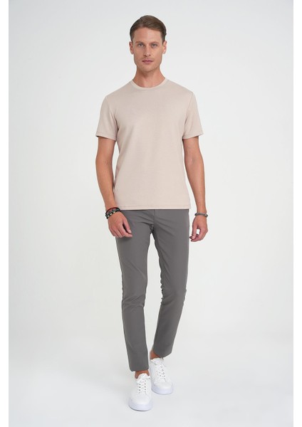 Comfort Fit Bisiklet Yaka Esnek Pamuk Casuel Bej Tişört Ts 885