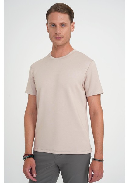 Comfort Fit Bisiklet Yaka Esnek Pamuk Casuel Bej Tişört Ts 885 modelleri