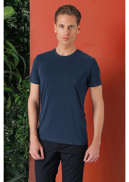 Slim Fit Bisiklet Yaka %100 Pamuk Lacivert Tişört Ts 878